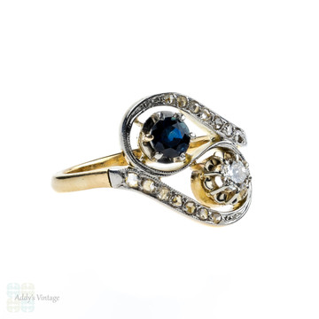 French Diamond & Sapphire Ring, 1930s Toi et Moi Ring. 18ct Yellow & White Gold.