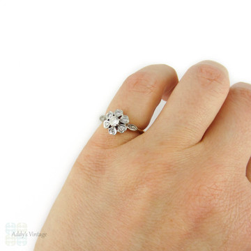 Floral Diamond Cluster Engagement Ring with Heart Petals. Circa 1940s, 18ct & Plat.