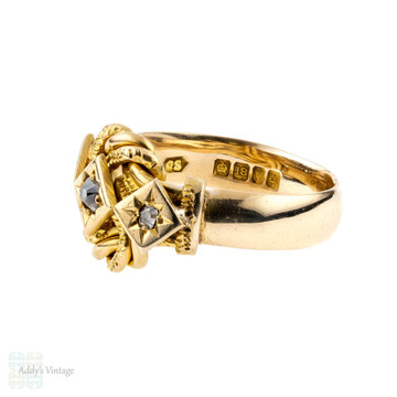 Antique Diamond Knot Ring, Engraved 1910s Knot Ring. Full English Hallmarks, 18 ct Yellow Gold.
