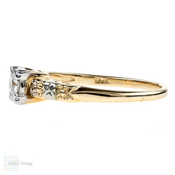 Engraved Floral Engagement Ring, Old European Cut Diamond in 14K Gold. Circa 1930s.