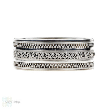Vintage Silver Bracelet, Pierced Foliate Design Wide Sterling Bangle.