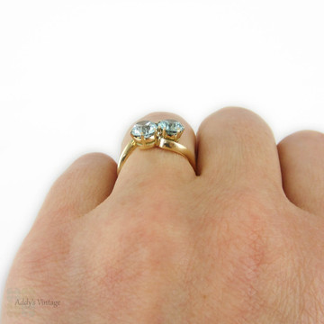 Blue Zircon Toi et Moi Ring, Art Deco 14k Yellow Gold Crossover Design Ring.