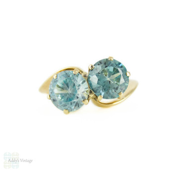 Blue Zircon Toi et Moi Ring, Art Deco 14k Yellow Gold Crossover Design Ring.