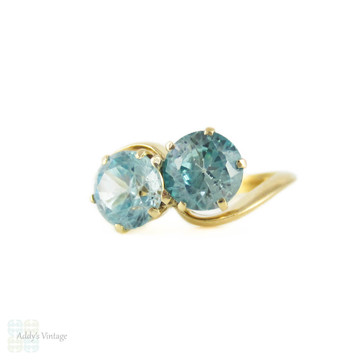 Blue Zircon Toi et Moi Ring, Art Deco 14k Yellow Gold Crossover Design Ring.