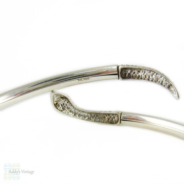 Vintage Silver Snake Bracelet with Garnet Eyes. Sterling Coiled Serpent Bangle. Mid 20th Century.