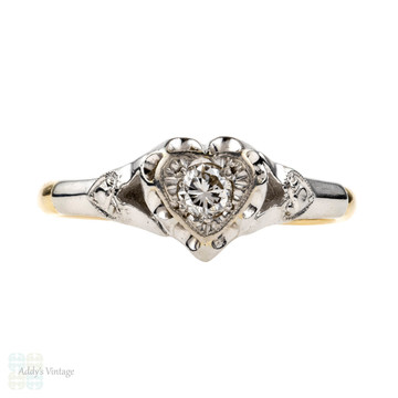 Heart Engagement Ring, Vintage Single Stone Diamond Ring. 18ct & Platinum, Circa 1940s.