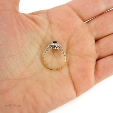 1940s Ruby & Diamond Engagement Ring, Daisy Flower Design Cluster with Engraved Setting. 18ct & Platinum.