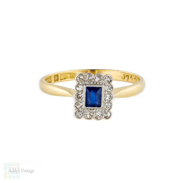 Art Deco Sapphire & Diamond Engagement Ring, Rectangle Sapphire in Diamond Halo. 1920s, 18ct & Platinum.