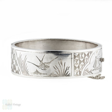 Antique Victorian Diving Swallow Bracelet, Sterling Silver Ship & Sailors Theme Bangle. Circa 1880s.