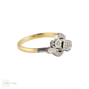 Art Deco Three Stone Diamond Engagement Ring, Crossover Style with Engraving. Circa 1930s, 18ct & Platinum.