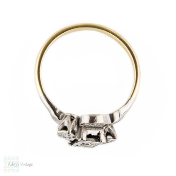 Art Deco Three Stone Diamond Engagement Ring, Crossover Style with Engraving. Circa 1930s, 18ct & Platinum.