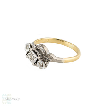 Art Deco Three Stone Diamond Engagement Ring, Crossover Style with Engraving. Circa 1930s, 18ct & Platinum.