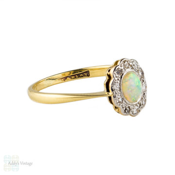 Edwardian Opal & Diamond Ring, Cabochon Cut Opal wtih Scalloped Edge Diamond Halo. 18ct & Platinum.