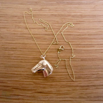 1970s Horse Charm, 9ct Yellow Gold Puffed Horse's Head Pendant on 9k Chain.
