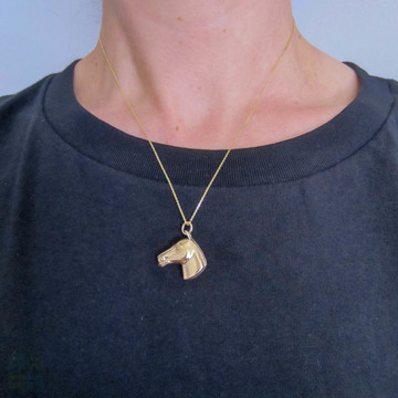 1970s Horse Charm, 9ct Yellow Gold Puffed Horse's Head Pendant on 9k Chain.