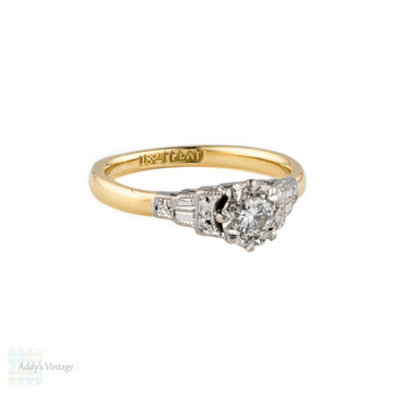 Vintage Single Stone Diamond Engagement Ring, Engraved Solitaire Circa 1940s. 18ct Gold & Platinum.