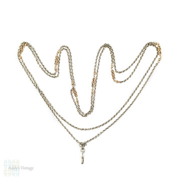 Antique French Silver & 9ct Rose Gold Chain, Edwardian Fancy Link Long Guard Necklace. Circa 1900, 142 cm / 56 inches.