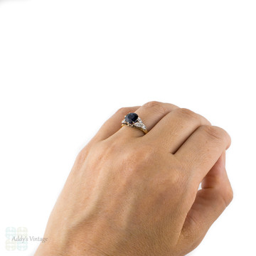 Vintage Engagement Ring, Lab Created Sapphire with Leaf Shape Diamond Accents. 18ct Gold & Platinum.