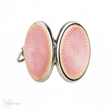 Edwardian Pink Guilloche Enamel Locket, Sterling Silver Pendant on Chain, Circa 1900.