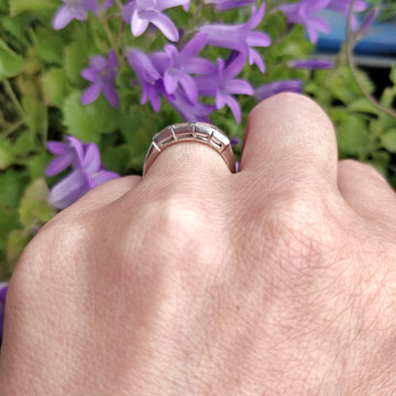 BALANCE. Art Deco Baguette Diamond Ring, Four Stone Platinum Set Band. Circa 1930s.