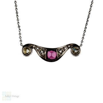 Antique Ruby & Old Mine Cut Diamond Pendant, Victorian Necklace on Platinum Chain.