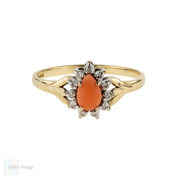 Vintage Coral & Diamond Cluster Ring, 9k Yellow Gold Dress Ring. Circa 1980s.