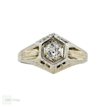 Filigree Art Deco Engagement Ring, White Sapphire in 18k White Gold. Circa 1930s.