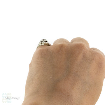 Filigree Art Deco Engagement Ring, White Sapphire in 18k White Gold. Circa 1930s.