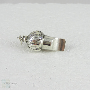 Antique Sterling Silver Whistle Charm. Decorative Leaf Engraved Top, Acorn Shape Small Silver Whistle