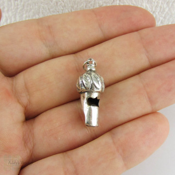 Antique Sterling Silver Whistle Charm. Decorative Leaf Engraved Top, Acorn Shape Small Silver Whistle