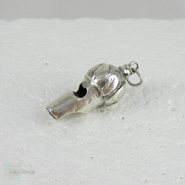 Antique Sterling Silver Whistle Charm. Decorative Leaf Engraved Top, Acorn Shape Small Silver Whistle