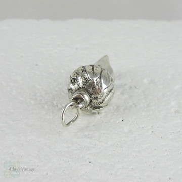 Antique Sterling Silver Whistle Charm. Decorative Leaf Engraved Top, Acorn Shape Small Silver Whistle