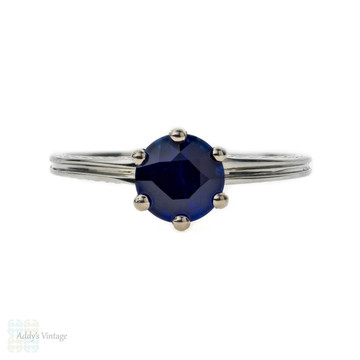 Sapphire Engagement Ring, Solitaire in 14k Art Deco 1930s Engraved Fluted Mounting.