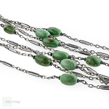 Art Deco Sterling Long Guard Chain, Green Chrysoprase Fancy Link Necklace, Circa 1920s.