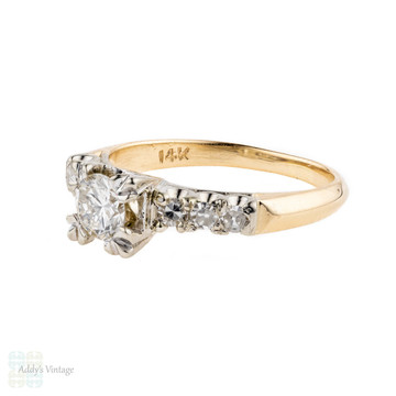 1940s Diamond Engagement Ring, Vintage Fishtail Style 14K Two Tone Mounting.