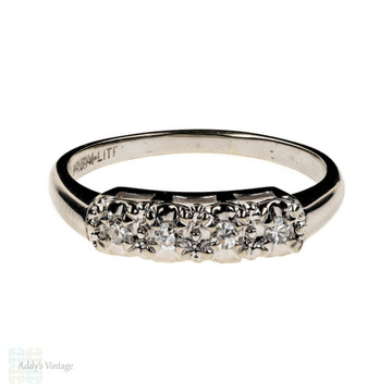 Retro 14k Four Stone Diamond Ring, Vintage 1940s White Gold Illusion Set Wedding Band.
