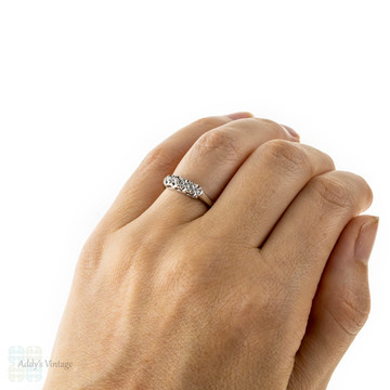 Retro 14k Four Stone Diamond Ring, Vintage 1940s White Gold Illusion Set Wedding Band.