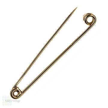 Large Vintage 9ct Gold Safety Pin, 9k Yellow Gold Mid 20th Century Pin Brooch.