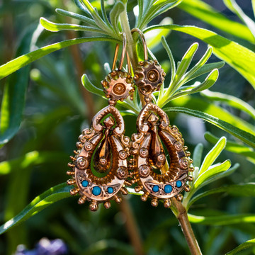 Antique Articulated 9ct Drop Earrings. Victorian Tapered 9k Dangles with Turquoise Paste.