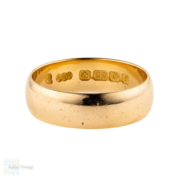 Antique 22ct Wide Wedding Ring, 22k Edwardian 1900s Wedding Band. Size Q / 8.25.