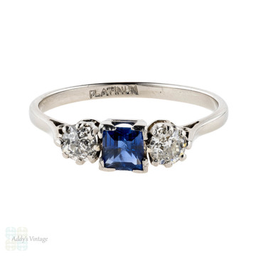 Sapphire & Diamond Engagement Ring, Three Stone Circa 1910s Antique Platinum Ring.