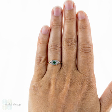 Emerald & Diamond Engagement Ring, Art Deco Cluster Ring in 18ct & Platinum.