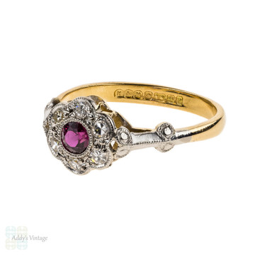 RESERVED. 1930s Ruby & Diamond Engagement Ring, Fluted Floral Shape Cluster Ring. 18ct & Platinum.