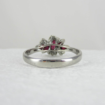 Vintage 1970s Ruby & Diamond Cocktail Ring. Marquise Cut Red Rubies and Round Diamonds in 18 Carat White Gold.