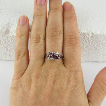 Vintage 1970s Ruby & Diamond Cocktail Ring. Marquise Cut Red Rubies and Round Diamonds in 18 Carat White Gold.