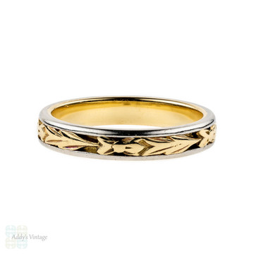 Engraved Floral Wedding Ring, Vintage Two Tone 18ct Yellow Gold & Platinum Band. Size M / 6.25.