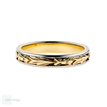 Engraved Floral Wedding Ring, Vintage Two Tone 18ct Yellow Gold & Platinum Band. Size M / 6.25.