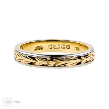 Engraved Floral Wedding Ring, Vintage Two Tone 18ct Yellow Gold & Platinum Band. Size M / 6.25.