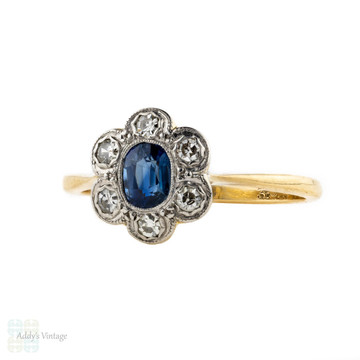 Sapphire & Diamond Art Deco Engagement Ring, Vintage Cluster Ring. 18ct Gold & Platinum.