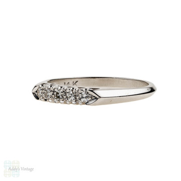 Mid Century Five Stone Diamond Wedding Ring, 1950s White Gold Knife Edge Band.